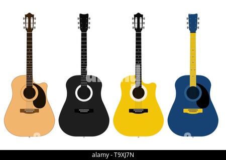 Un ensemble de guitares classiques acoustiques de différentes couleurs sur fond blanc. Instruments de musique à cordes. Télévision Cute cartoon style. Vector illustration Illustration de Vecteur