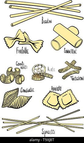 Un ensemble de différents types de pâtes à la main de couleur dessin de lignes. Vector illustration Illustration de Vecteur