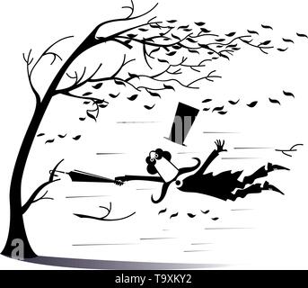 Vent fort, battant feuilles et longues moustaches homme perdu top hat en essayant de garder sa vie l'arraché un arbre en utilisant un parapluie noir sur blanc illustration Illustration de Vecteur