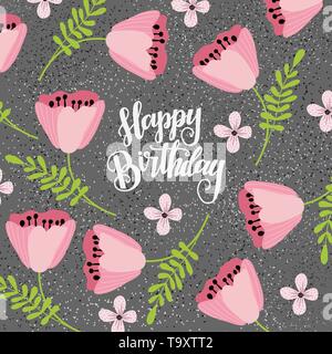 Joyeux anniversaire. Doodle fleurs éparpillées sur l'arrière-plan et le texte de félicitations. Vector Illustration de Vecteur