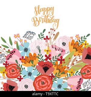 Joyeux anniversaire. Modèle de carte postale avec mignon dessin à la main superbe bouquet de fleurs sur un fond blanc, vector Illustration de Vecteur