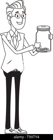 Businessman holding bocal en verre noir et blanc Illustration de Vecteur