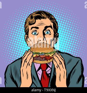 Surpris man eating hamburger. Pop art retro kitsch vintage illustration vectorielle Illustration de Vecteur