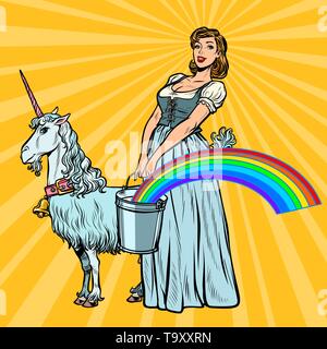 Rainbow unicorn femme avec godet. Pop art retro kitsch vintage illustration vectorielle Illustration de Vecteur