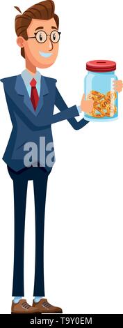 Businessman holding glass jar Illustration de Vecteur