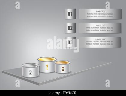 Sur le podium avec l'infographie 3d gray 24 prêt pour la présentation de la réussite, la victoire, les chemins de la réussite. Trois étiquettes métalliques sont prêts pour votre te Illustration de Vecteur