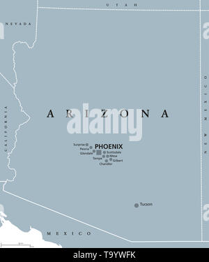 Carte politique de la capitale de l'Arizona avec Phoenix. Dans le sud-ouest de l'état de région United States, une partie de l'Ouest et la montagne membres. Le Grand Canyon State Banque D'Images