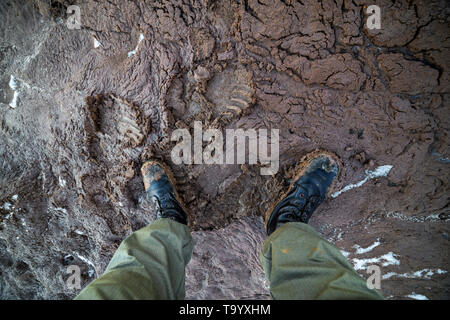 jambes dans les bottes de l'armée dans la boue humide gros plan de haut en bas avec une mise au point sélective à la lumière du jour Banque D'Images