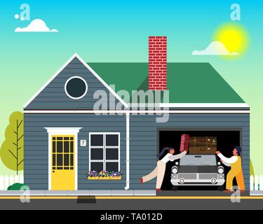 Famille va se reposer. Les choses sur la voiture de chargement près de la maison. Vector illustration. Illustration de Vecteur