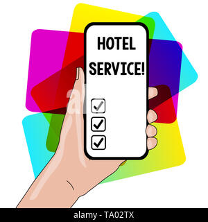 L'écriture de texte Word Service de l'hôtel. Photo d'affaires mettant en vedette vous propose un hébergement chaleureux et d'autres services Gros plan du Smartphone s'est tenue à Banque D'Images