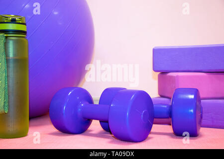 Outils de remise en forme - ball, cubes de rose et pourpre, haltères et une bouteille d'eau sur le tapis rose, l'espace libre pour le texte, concept sportif Banque D'Images