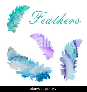 Watercolor hand-painted illustration. A set of soft feathers filled watercolor blue-purple backgrounds Banque D'Images