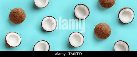 Modèle avec la venue de coco sur fond bleu. Pop art design, creative concept d'été Banque D'Images