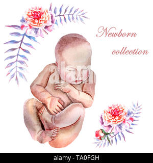 Aquarelle newborn sleeping baby avec des fleurs Banque D'Images