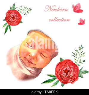 Aquarelle newborn sleeping baby avec des fleurs Banque D'Images