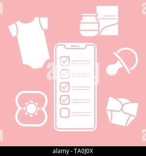Vector illustration avec le smartphone à l'aide de bébé, accessoires. Body, aliments pour bébé, couches, peut-mamelon, bat. Les achats en ligne. Illustration de Vecteur