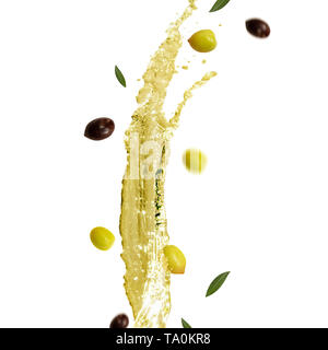 Splash d'huile d'olive à la chute des olives. Banque D'Images