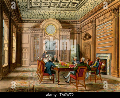 Salle du conseil de l'Amirauté, c1808-1810. Un imprimé du microcosme de Londres, de William Henry Pyne (1770-1843). Artistes : Thomas Rowlandson (1756-1827) et Auguste Charles Pugin (1762-1832). La salle du conseil d'administration de l'Amirauté fait partie d'un complexe de bâtiments, parfois connu sous le nom d'Amirauté ancienne, qui ont été achevés en 1726. C'était le premier immeuble de bureaux construit spécialement en Grande-Bretagne et a été conçu en partie par Robert Adam (1728-1792). Banque D'Images