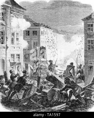 Batailles de rue à Berlin pendant la révolution de mars. Le dessin montre la situation à l'Hôtel de Ville de Berlin à Koellnischer Park dans la nuit du 18 au 19 mars 1848. Banque D'Images