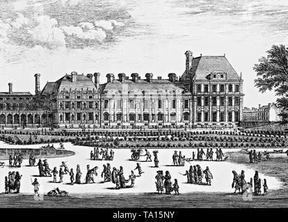 Le Jardin des Tuileries avec le palais des Tuileries, qui fermait l'extrémité ouest de la cour du Louvre. Gravure contemporaine. Banque D'Images