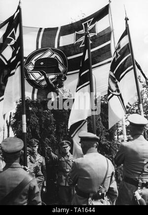 Photo de Bundesfuehrer (chef fédéral) du Stahlhelm, Franz von Seldte, au lutrin pendant l'hymne national à l'appel du groupe régional d'Ostmark sur Schuetzenhausplatz à Francfort (Oder). Banque D'Images