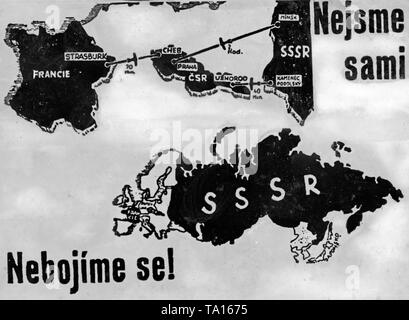 Dans l'affiche de la tchécoslovaque crise des Sudètes. La carte indique les distances pour les alliés de la Tchécoslovaquie. Sur l'affiche : se Nebojime !( Anglais : Ne vous inquiétez pas) et sami Nejsme (Anglais : Nous ne sommes pas seuls). Banque D'Images