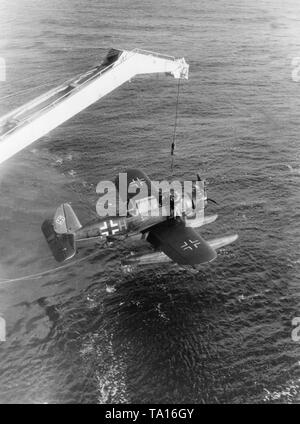 Un hydravion Arado Ar 196 est pris à bord d'un navire de guerre de la Kriegsmarine après l'atterrissage. Banque D'Images