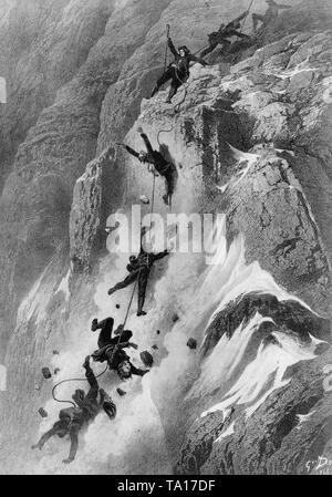 La première ascension du Cervin le 14 juillet 1885 fini dans un désastre. Quatre des sept d'alpiniste est tombé et est mort pendant la descente. Lithographie de Gustave Dore. Banque D'Images