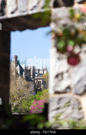 Le Biltmore House est considéré à partir d'une fenêtre en pierre dans le jardin clos, au Biltmore Estate à Asheville, NC, USA Banque D'Images