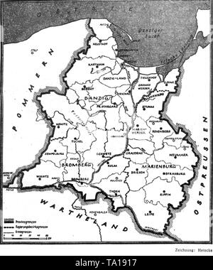 Carte de la Reichsgau Gdansk-West la Prusse, qui a été illégalement annexé par les Nazis après l'invasion de la Pologne. Dessin de Heincke. Banque D'Images