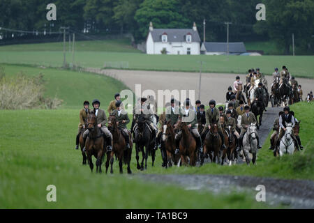 Hawick, Scottish Borders, au Royaume-Uni. 21 mai 2019. Circonscription commune Hawick 2019 Ñ Priesthaugh Rideout Légende : Cornet Connor Brunton (centre) conduit près de 100 partisans monté sur le trajet pour Priesthaugh. St Leonards peut être vu dans la distance. Le mardi 23 mai voit le quatrième tour préliminaire dans l'accumulation de la principale circonscription commune journée du vendredi 7 juin 2019. Cornet Connor Brunton conduit les partisans de quitter le Backdamgate monté à Hawick à 2h00 ( Crédit : Rob Gray/Alamy Live News Banque D'Images