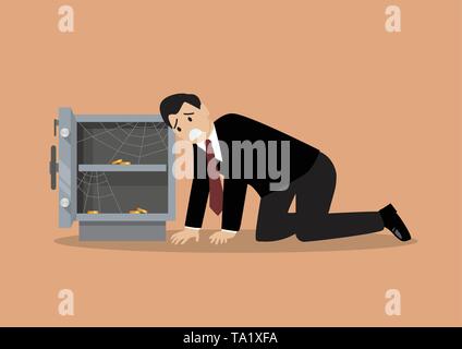 Triste personnage homme d'ouvrir la porte de coffre boîte vide. Vector illustration Illustration de Vecteur