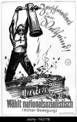 Affiche du parti nazi pour l'élection du Reichstag le 20 mai 1928. Le travailleur Nazi géant 'Shatters l'ennemi mondial, la construction de la "haute finance internationale", qui a été identifié à l'ennemi mondial (juif). Banque D'Images