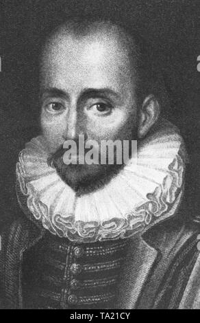 Michel Eyquem, Seigneur de Montaigne, le français, l'écrivain et philosophe français. Il est né au Château de Montaigne (maintenant-Michel-de-Montaigne dans le département) sur 28.2.1533, il est décédé le 13.9.1592. Il a été avocat, conseiller du Parlement entre 1557-70 et le maire de Bordeaux, entre 1582-86. Son écrit ses réflexions sur la philosophie, l'histoire, de la politique, de la littérature dans ses essais (1580 [94], chapitre dernière édition [107] Chapitre 1595). Banque D'Images