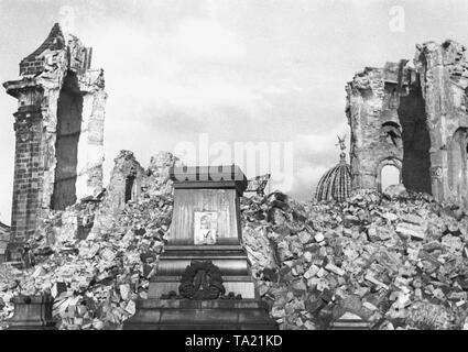 La destruction à la Dresden Neumarkt après les attaques aériennes alliées : Sur le site de l'église Frauenkirche il n'y a que des décombres et le mur reste. Sur la base du monument s'élevait une statue de Martin Luther. Droit à l'arrière-plan vous pouvez voir la coupole de l'Académie des Arts partiellement détruites. Banque D'Images