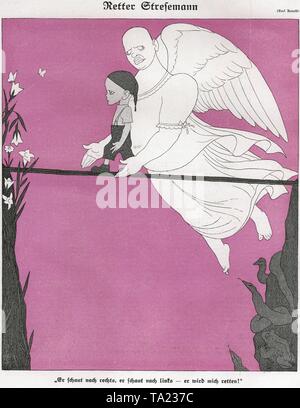 La caricature de Karl Arnold sur la première page du magazine satirique allemand 'Simplicissimus' Gustav Stresemann montre comme un sauveur et ange gardien de la German Michel, qui marche sur un pont étroit sur un ravin. Légende : 'Il regarde à droite, il regarde à gauche - il nous sauve-moi !". Banque D'Images