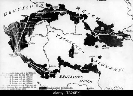 Une carte de la zone frontalière d'German-Czechoslovak le 29 septembre 1938. Le noir des Sudètes, des zones. Banque D'Images