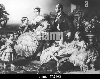 La reine Victoria avec le Prince Albert et leurs enfants. De gauche à droite : Le roi Édouard VII (comme un jeune prince), le Prince Alfred, La Princesse Alice et la Princesse Helene Banque D'Images