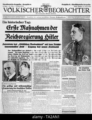 Première page de la question de l'Allemagne du Nord le NSDAP Voelkischer Beobachter 'Journal' avec le rapport d'Hitler's first agit comme chancelier du Reich, un entretien avec Reich, Ministre de l'intérieur Frick et la première réunion du nouveau cabinet. Banque D'Images