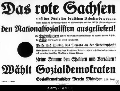 SPD bavarois affiche de l'élection d'État le 24 avril 1932, d'où le comportement du KPD et le séparer du PAS (Parti des travailleurs socialistes de l'Allemagne ) du SPD dans l'élection présidentielle du 13 mars 1932. Banque D'Images