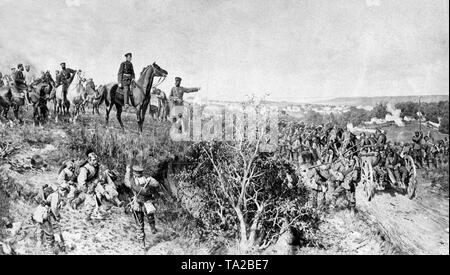 Le chef d'état-major prussien Helmuth von Moltke est accueilli par des soldats prussiens sur son Feldherrnhuegel (hauteur à partir de laquelle le commandant coordonne ses troupes) au cours de la bataille décisive contre les Autrichiens menés par Ritter von Benedek. Historique Cette photo a été faite par le peintre de la cour de l'empereur allemand Guillaume II, Anton von Werner (1843-1915). Banque D'Images