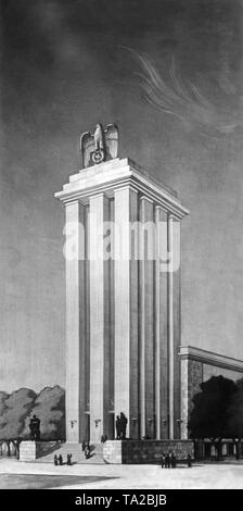 Dessin de conception de la Deutsche Haus à l'Exposition mondiale à Paris en 1937. Dans le coin inférieur droit, la signature d'Albert Speer. Banque D'Images