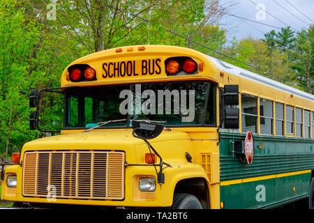 Close up de la partie avant de l'autobus scolaire jaune transport scolaire des enfants avec des signes dans le parking en attente d'être en service. Banque D'Images