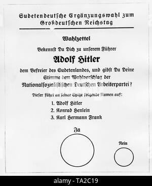 Bulletin du plébiscite tenu le 4 décembre 1938. Dans les élections, votes sont en cours sur l'annexion des Sudètes au Reich allemand. Banque D'Images