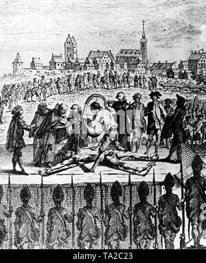Exécution de braconnier et héros populaire Matthias Klostermayr, appelé "Bavarian Hiasl' en Dillingen an der Donau le 1er septembre 1776. Les os du délinquant sont brisées par l'aide du bourreau avec une lourde roue de chariot, alors qu'un ministre tient une croix à son visage comme une consolation. Banque D'Images