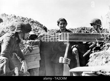 Les soldats allemands pendant une pause dans les combats dans un fossé à Leningrad. Une bombe de démolition est prêt à être utilisé. Photo de l'entreprise de propagande (PK) : SS correspondant de guerre Hilkenbach. Banque D'Images