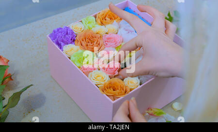 Fleuriste en boîte-cadeau avec des fleurs au magasin de fleurs Banque D'Images