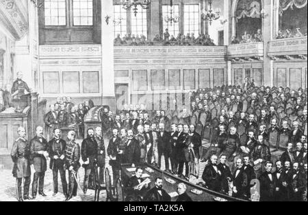 Le Reichstag était composée de 397 députés qui viennent d'être universel, égal, direct et au scrutin secret. Le dessin montre la réunion, à laquelle ont participé entre autres par le ministre de la guerre, Albrecht von Roon (à gauche ci-dessous), le premier ministre prussien Otto von Bismarck (juste à côté), et le chef d'état-major général prussien Helmut von Moltke (6e de gauche). Photo non datée. Banque D'Images