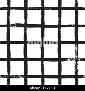 Dessiner à main grille pinceau noir et blanc motif transparent. Abstract background check monochrome avec crossing coup de pinceau. Texture plaid sans fin. Illustration de Vecteur