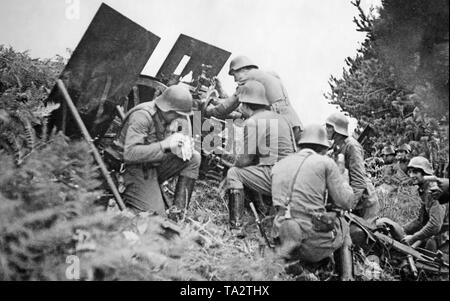 Photo d'un champ exploité par obusier national espagnol soldats réguliers. Les grenadiers portent des uniformes et des casques d'acier. Dans l'arrière-plan, un deuxième des pièces d'artillerie. La position camouflée est situé à une forêt déserte. Banque D'Images